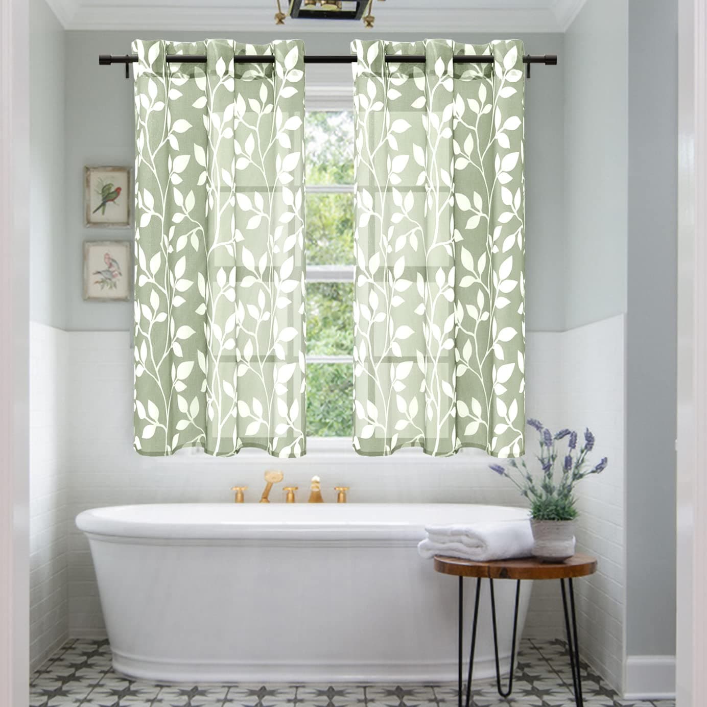 XTMYI Sage Green Bathroom Curtains Window Boho Leaf Floral Pattern Design Decor Sage Green TapestrySmall Short Sheer Kitchen Curtains Set of 2 Pack48 Inch Length