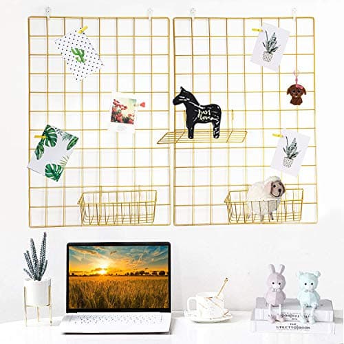 GBYAN 2 Pack Large Wall Grid Panels with Light and Clips, Photo Display Board, Picture Frame Collage Board, Wire Grid Wall Panel Room Decoration,Dark Gold