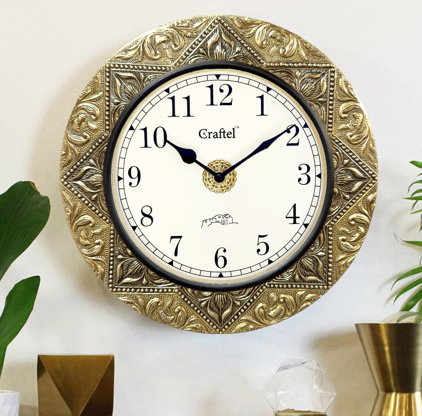 CRAFTEL Silent No Ticking Wall Clock Hand Engraved Brass Finish | Antique Vintage Design | Rajasthan Handcrafted Metal Body | Dial - 8 Inches, Antique Gold | 365 Days Warranty