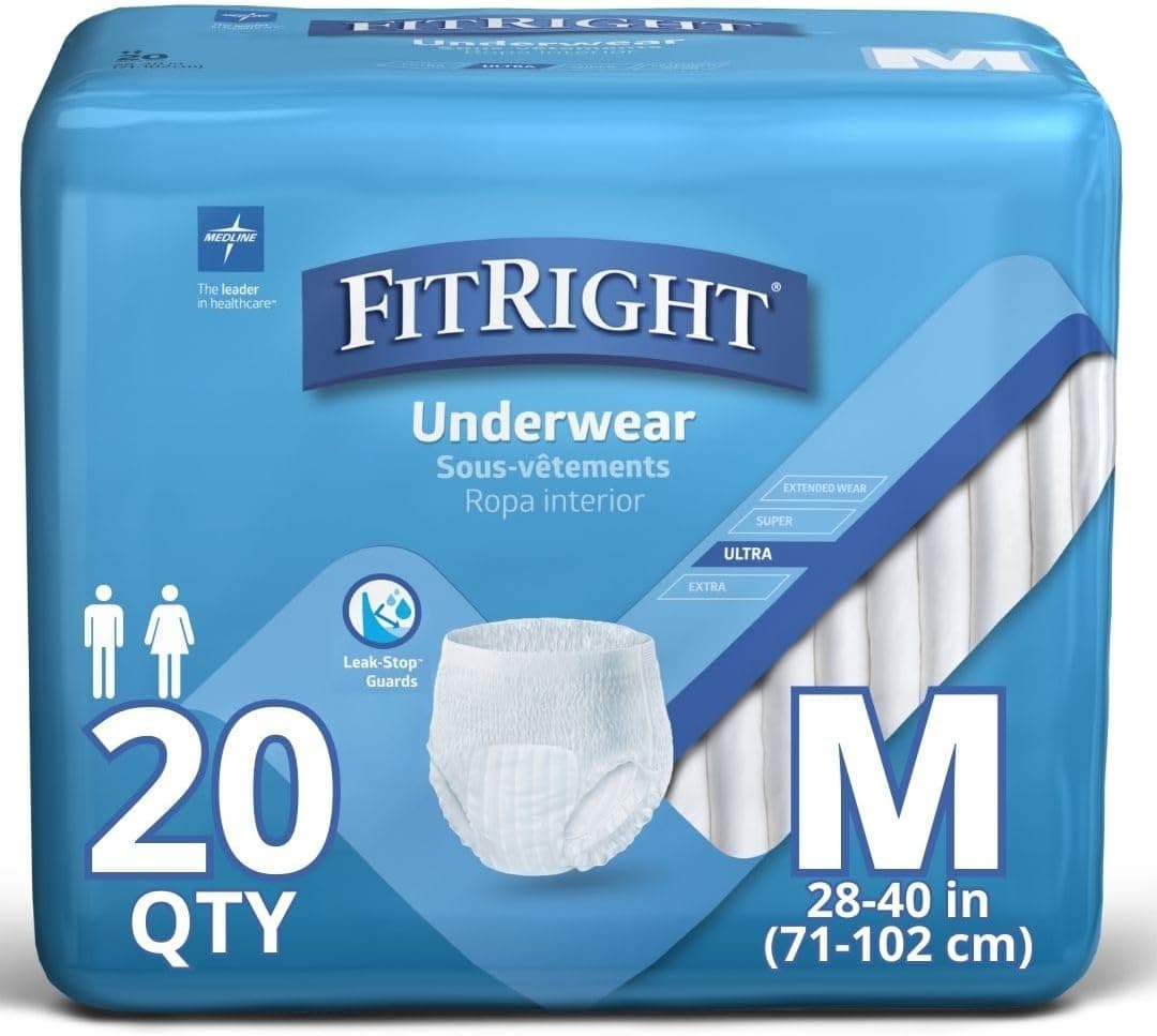 FitRight Ultra Unisex Adult Protective Underwear, Medium Size for Waist 28-40 Inches, Heavy Absorbency, Dependable Incontinence Protection, 80 Count (4 Packs of 20)