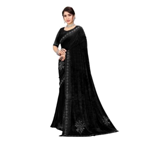 Women's Saree With Beautiful Siroski Diamond Work, Threads and Cut Border With Siroski Lace (Black)