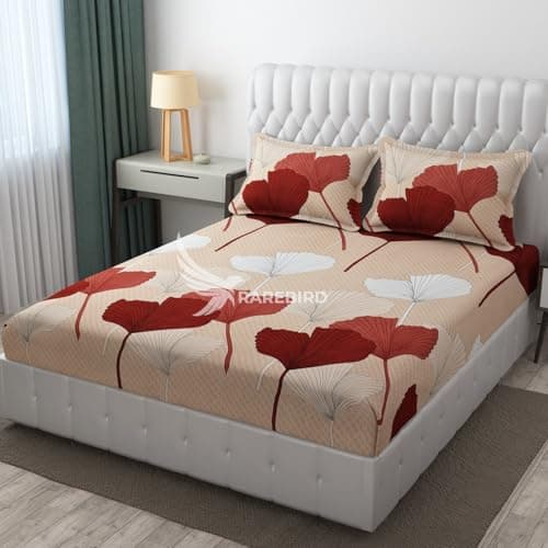 RAREBIRD Cotton All Around Elastic Fitted Premium Prints Queen Size Double Bed Bedsheet with 2 Large Pillow Covers Fits Upto Mattress of 8 Inches, Size-60"x78" Inches, 300-320