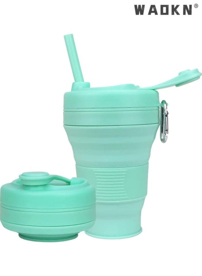 Silicone Collapsible Travel Mug , 600ml cup ,Scalable water cup , Leak-Proof Reusable Silicone Water Bottle for Hot and Cold Beverages , Travel Office and Home , Dishwasher Safe , Straw Included , green.