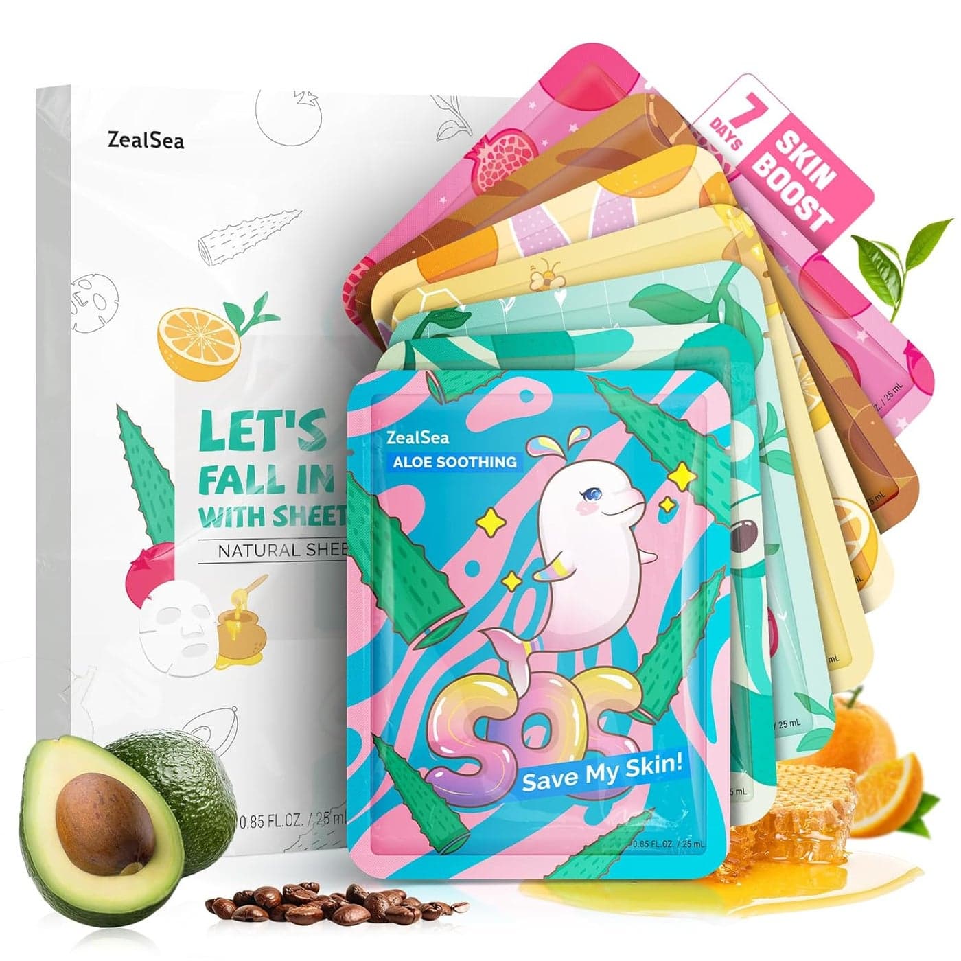 ZealSea Face Masks Skincare Facial Masks for Women Skin Care Sheet Masks Beauty with Natural Ingredients Birthday Party Spa Gift for Kids Teens Girls Hydrate and Soothe for All Skin Types 7 Pack