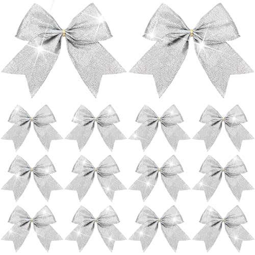 Cindeer 24 Pcs Silver Christmas Bow Decorations 6 x 6 Inches Glitter Holiday Ornaments Sequin Ties Bows for Xmas Tree Wreath DIY Crafts Gift Wrapping Party Decor