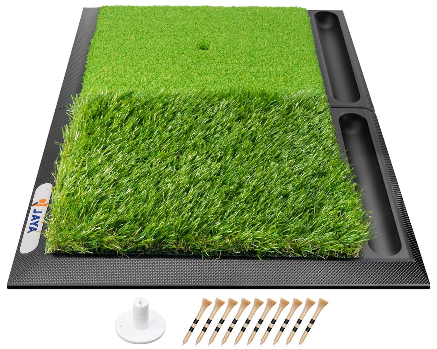JAYA 25 x 17 Golf Hitting Mat with Ball Tray Heavy Rubber Base Fairway Rough Turf Golf Training Mat Golf Tees and Rubber Tee Holder Included Portable Golf Practice Mat for Indoor and Outdoor