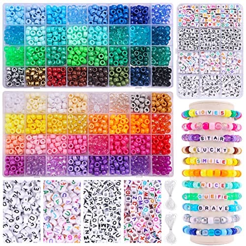 QUEFE 2350pcs 64 Colors Pony Beads for Bracelet Making Kit Rainbow Kandi Beads Friendship Bracelet Kit Letter Beads and Elastic Strings for Bracelet Necklace Making Craft Gifts Set for Girls