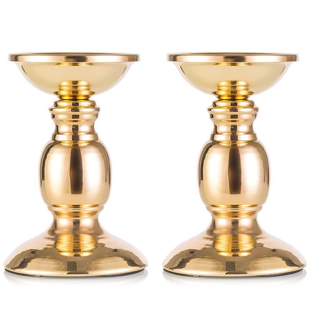 Set of 2 Gold Metal Pillar Candle Holders for 3 inches Dia Candle Wedding Centerpieces Candlestick Holders Stand Centerpiece Decoration Ideal for Weddings Special Events Parties