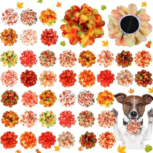 Huhumy 50 Pieces Fall Thanksgiving Dog Collar Flowers Bulk Maple Leaves Dog Charms Grooming Accessories Bow Tie Flower for Pets Cat Collar Attachment Embellishment Autumn Party Costume Photo Props