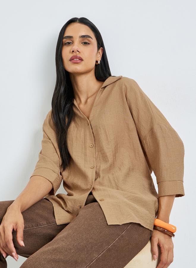 Beige Open Collar Oversized Shirt