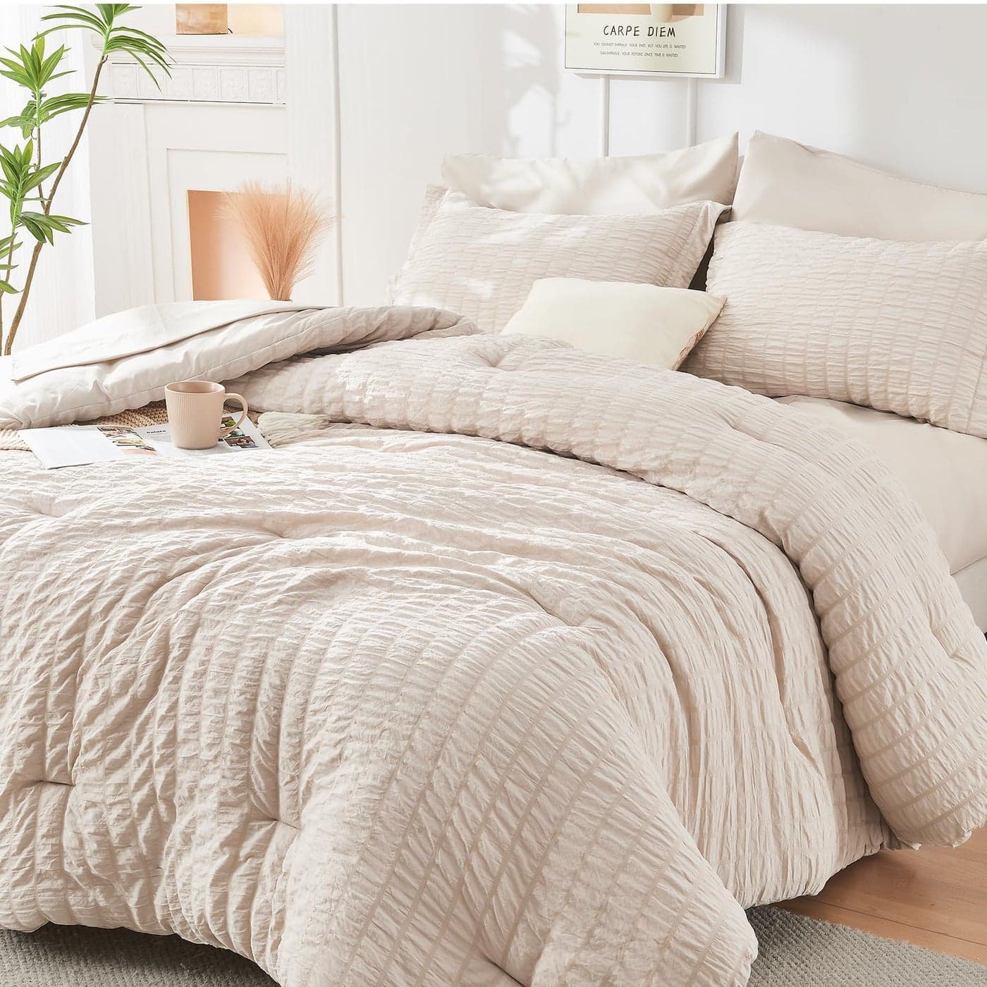HYMOKEGE Beige Full Size Comforter Sets Seersucker 7 Pieces All Season Luxury Bed in a Bag for Bedroom Bedding Set with Comforters Sheets Pillowcases Shams
