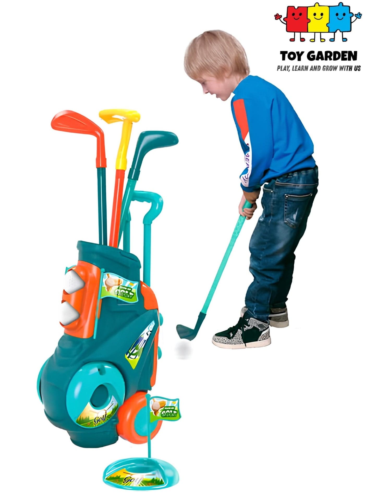 Kids Golf Cart Toy Set Outdoor Sports Playset with Plastic Clubs Balls and Holes Fun Garden Toy for Boys and Girls Ages 3 Plus