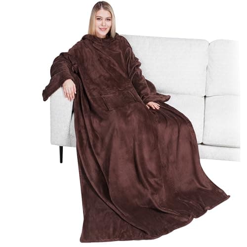 PAVILIA Wearable Blanket with Sleeves for Adult Women Men, Cozy Fleece Warm Wrap Throw Blanket with Arms, Pocket, Gifts for Christmas, Wife, Brown