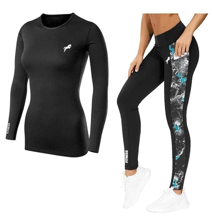 JUST RIDER Polyester Sportswear,Gym Wear Leggings Workout Pants With Upper Long Sleeves Track Suit For Women|Round Neck Tracksuit For Women|Suitable For Yoga,Jogging & Gym Clothes(X Large),Black