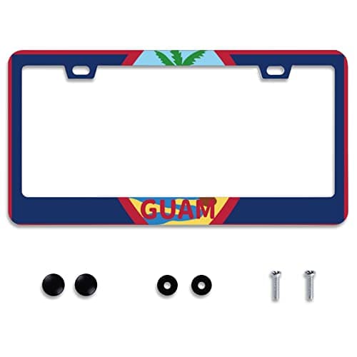 Personalise Guam Flag License Plate Frames Round Hole Guams License Plate Frame Car Universal Accessories Stainless Steel Cars Decorative 2 Holes Screws Fits Standard US Vehicles Size 122 x 6 Inch