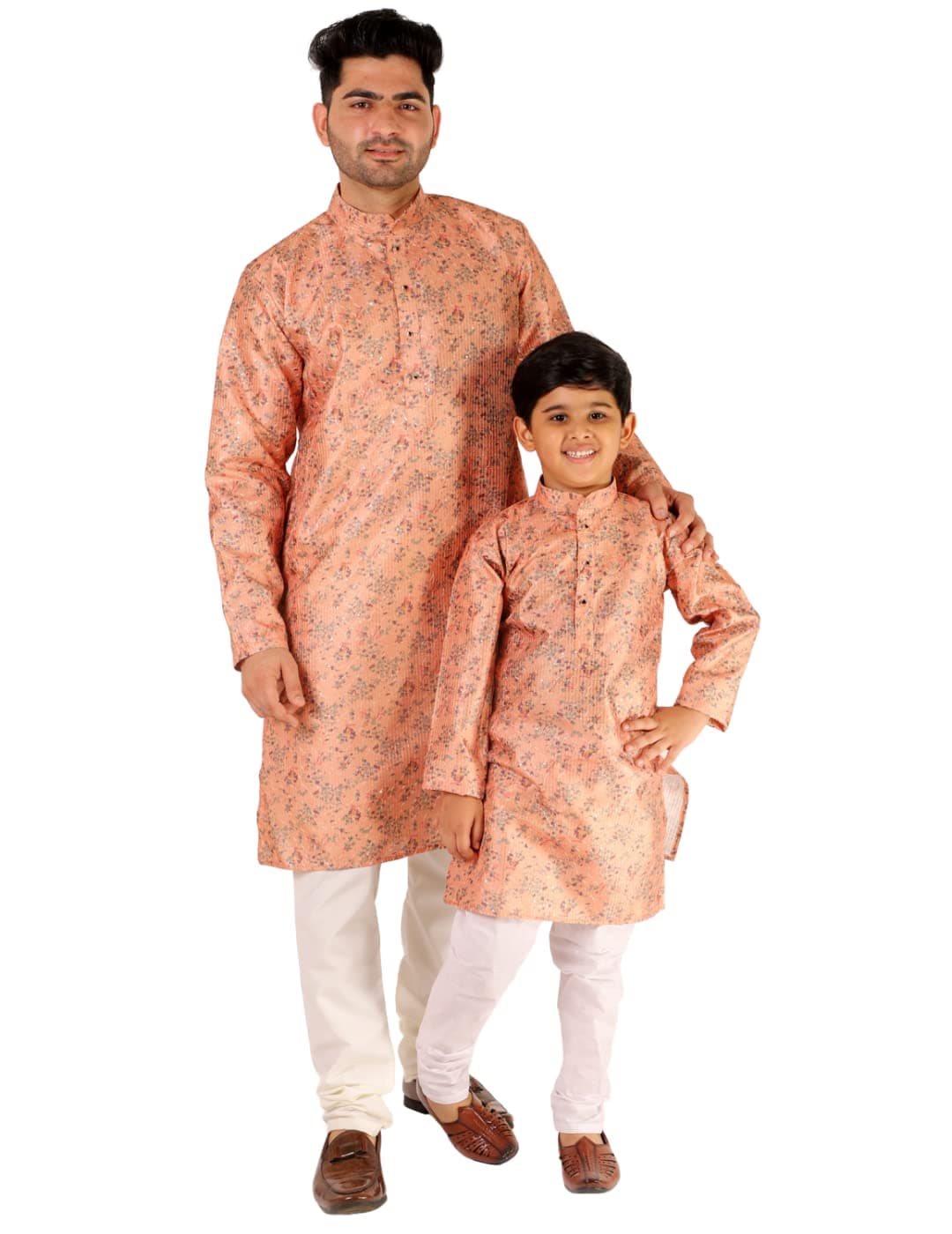 Pro-Ethic Style Developer Father Son Matching Ethnic Wear Kurta Pyjama Set | Jaquard Silk (Combo) B-107, Pink