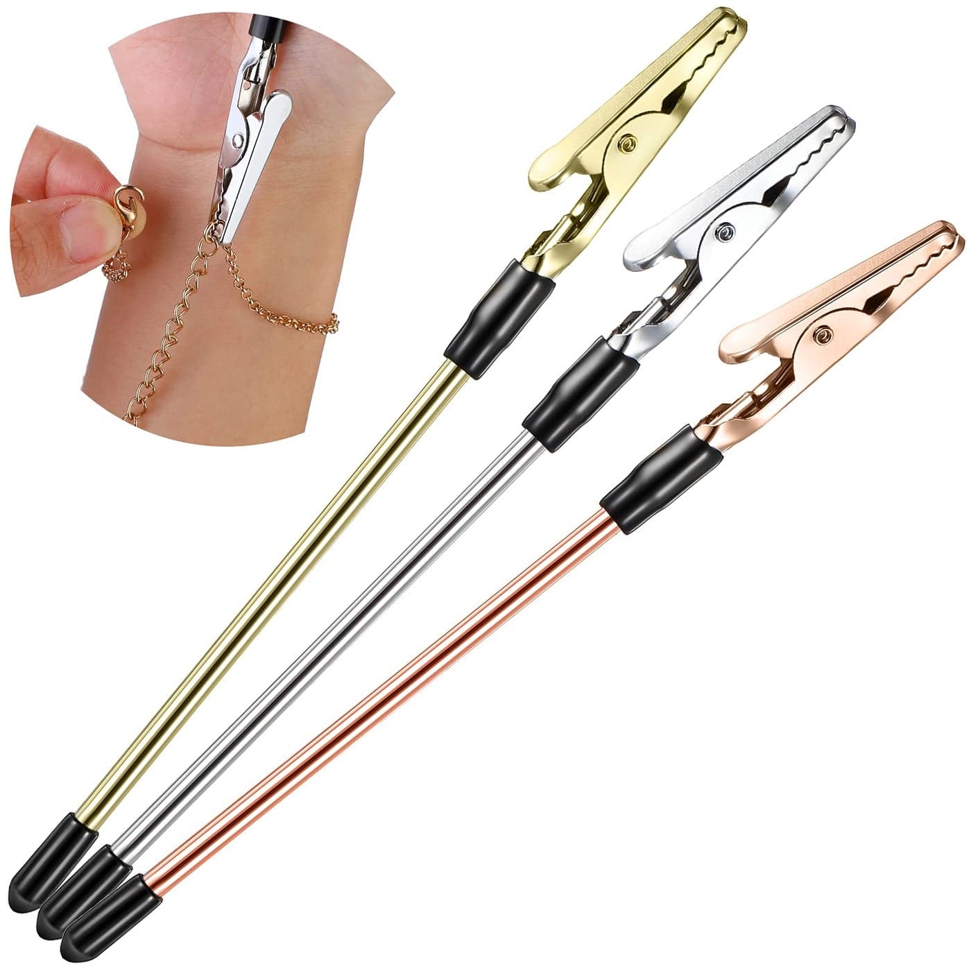 Zonon Bracelet Tool Jewelry Helper Hand Bracelet Helpers Fastening and Hooking Equipment for Jewelry Necklace Watch Clasps Zipper Valentines Gift 61 Inch Gold Silver and Rose Gold3 Pieces