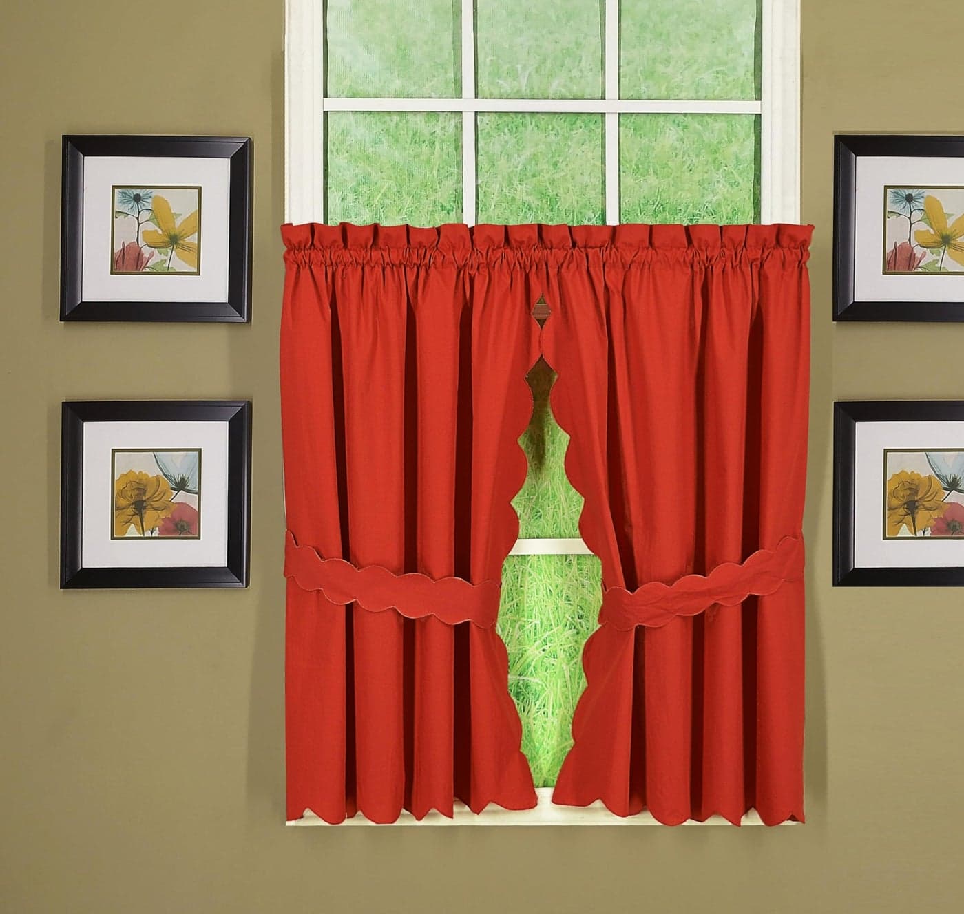 Today's Curtain, Orleans Scallop Curtain, Brick Red 36" Tier Pair and Tieback, 60" W x 36" L, Brick Red