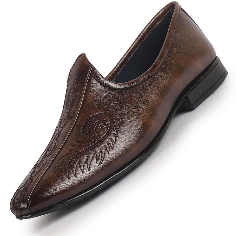 FAUSTO FST FOSME-2149 BROWN-41 Men's Brown Embroidery Traditional Wedding Slip On Ethnic Juttis and Mojaris|Party Slip On Evening Shoes|Striped Mojaris (7 UK)