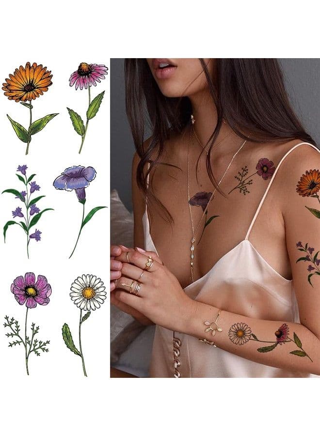 12 Sheets Flower Temporary Tattoos For Women Kids girl Watercolor Flower Lavender Sunflower Violet Flower rose Tattoo Sticker,Fake Temporary Tattoo Sticker for Girl Women