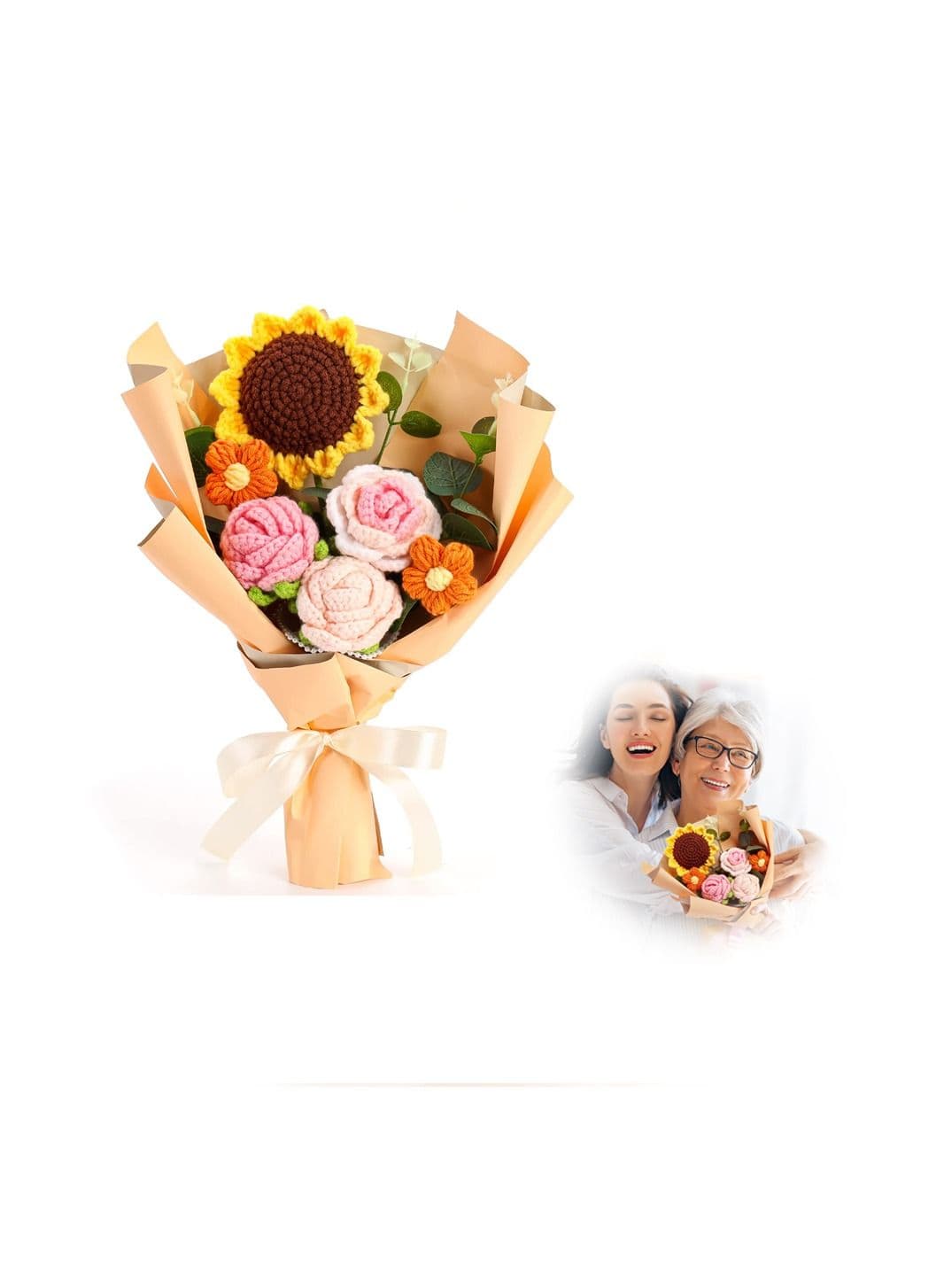 Handmade Knitted Bouquet, Completed Crochet Flowers Bouquet Kit, Fake Sunflower Rose Daisy for Mother's Day, Birthday Wedding Valentine's Day Gift and Home Decor