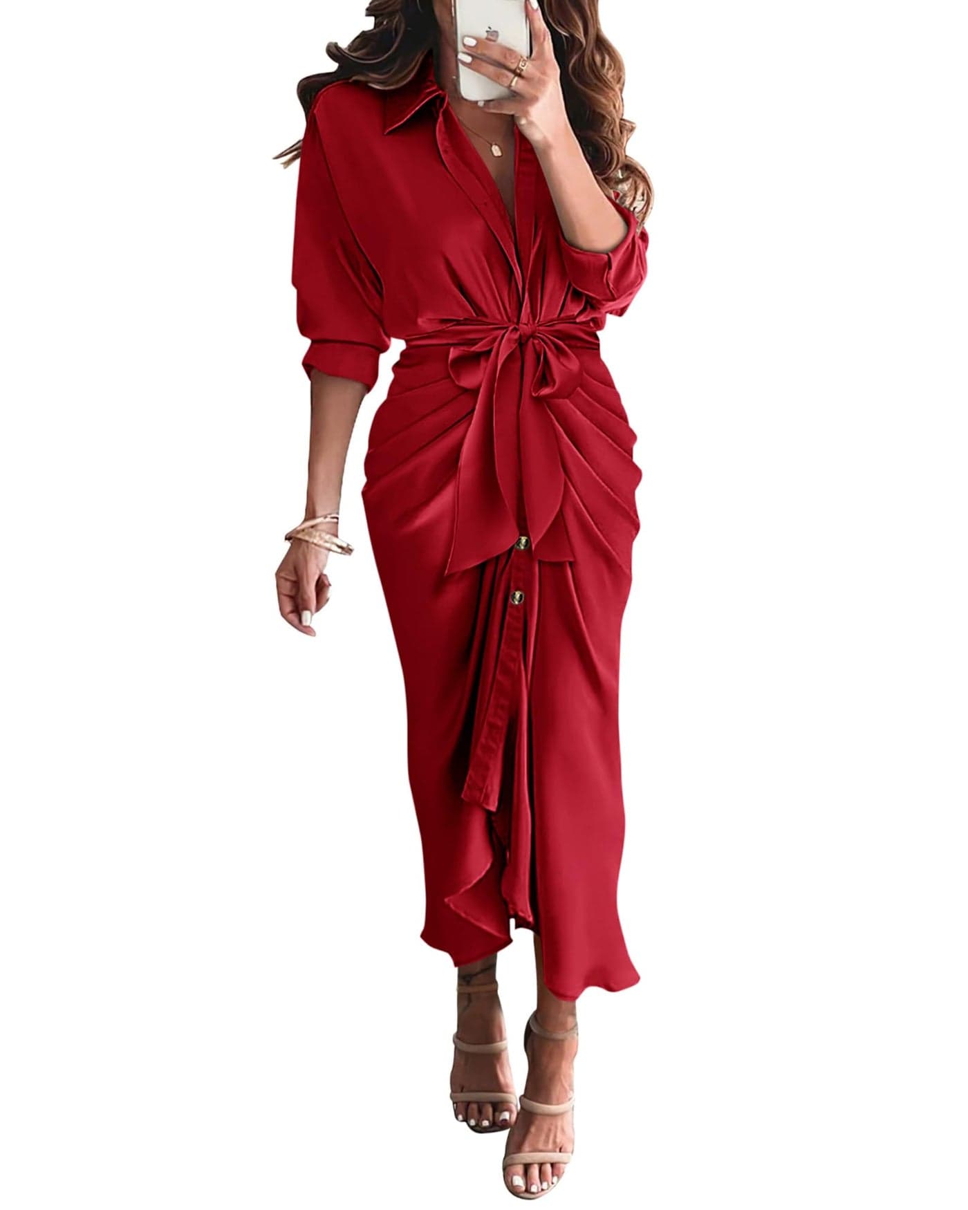 BTFBM Maxi Dresses for Women Fall 2025 Long Sleeve Lapel Neck Button Down Elegant Satin Belted Ruched Summer Shirt Dress(Red, Large)