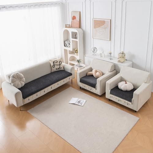 HOKIPO 'Serenity Tassel' Chenille Sofa Cover 5 Seater Set with Tassels – Washable 3+1+1 Sofa Cover Mat | Midnight Graphite (IN-890 * 2 + IN-892 - DGRY)