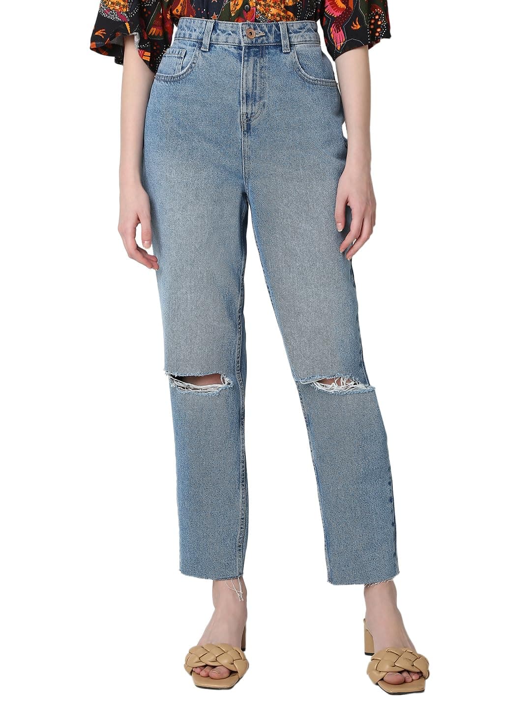 VERO MODA Women Solid Light Blue Cotton Straight Fit High Rise Ankle Length Jeans