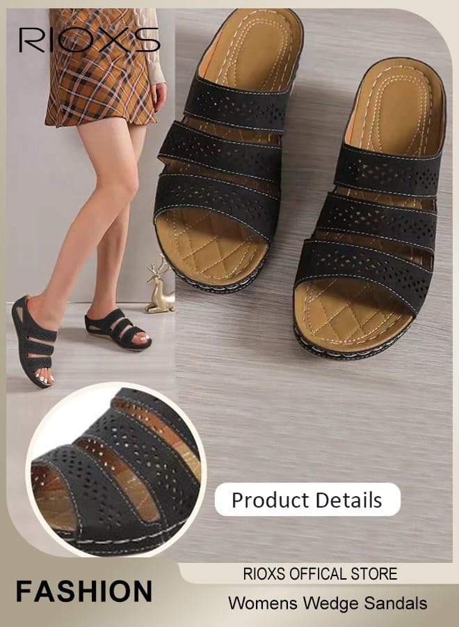 Women's Wedge Sandals, Open Toes Hollow Sandals, PU Leather Platform Shoes, Anti-slip Sole Sandals, Ladies Comfort Walking Sandals, Wedge Platform Sandals for Women, Casual Slip-on Slippers for Indoor Or Outdoor Use, Summer Open Toe Beach Shoes,Fashion Footwear Woman Wedge Slippers Black