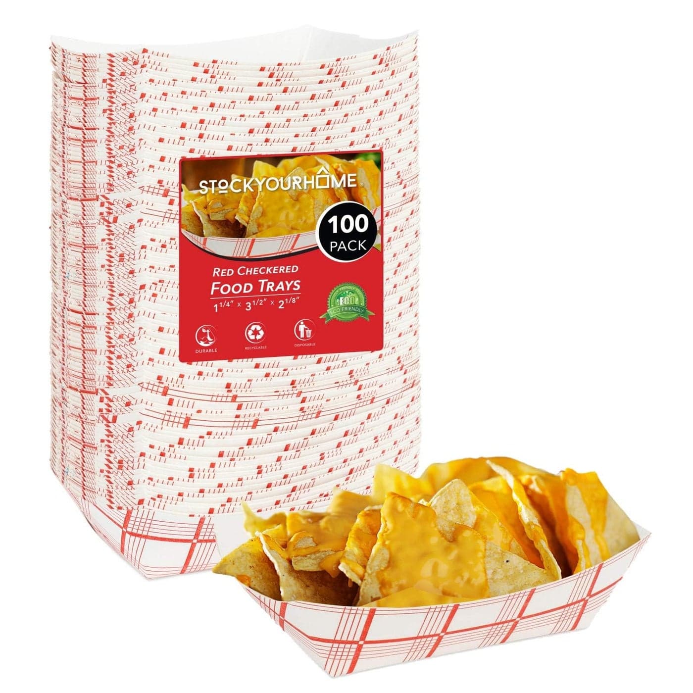 Paper Food Boats 100 Pack Disposable Red and White Checkered Paper Food Trays Eco Friendly Red Paper Food Trays 05 Lb Serving Boats for Concession Food and Condiments Mini Food Tray 375 x 2