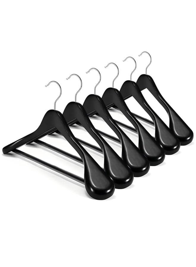 6 Pack High-Grade Suit Hangers, Wide Shoulder Wooden Hangers with Non Slip Pants Bar, Smooth Finish 360° Swivel Hook Solid Wood Coat Hangers for Dress, Jacket, Heavy Clothes Hanger (Black)