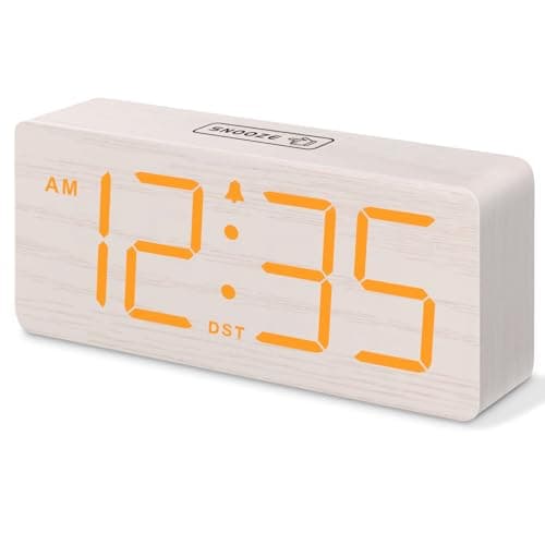 DreamSky Wooden Digital Alarm Clock for Bedroom - Loud Alarm Clock for Heavy Sleepers with Volume Control, Desk Clocks for Living Room with Large Numbers, Dimmer, DST, Wood Decor (Plug in Clock)
