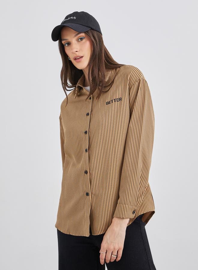 Styli Women Brown Contrast Button Striped Oversized Shirt