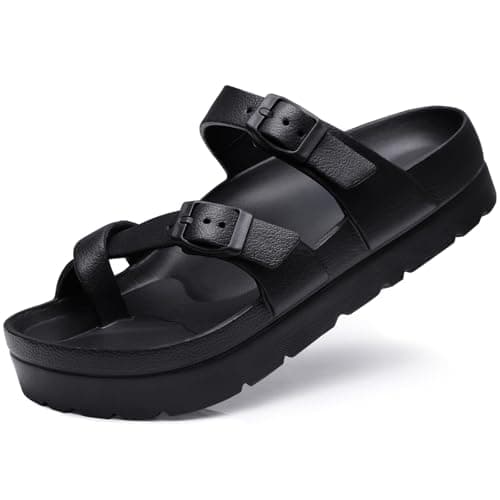 Goosecret Women's Platform Sandals with Arch Support Comfortable Foam Slides Summer Beach Sandals with Adjustable Buckle Black, 37
