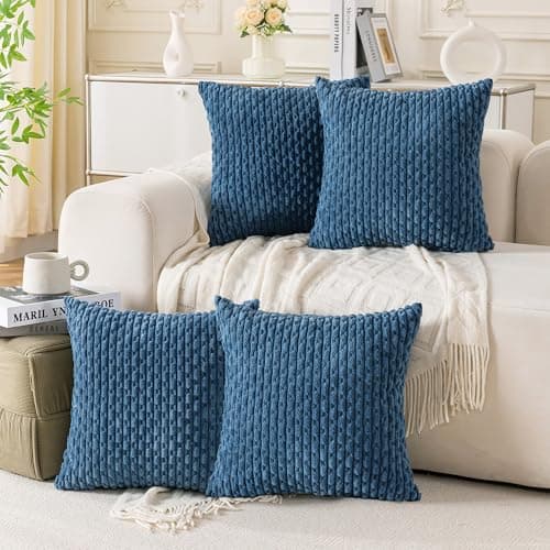 Cozoomy Set of 4 Blue Decorative Throw Pillow Covers 18x18 Inch Corduroy Pillow Covers for Bed Couch Sofa Living Room Soft Square Cushion Cases