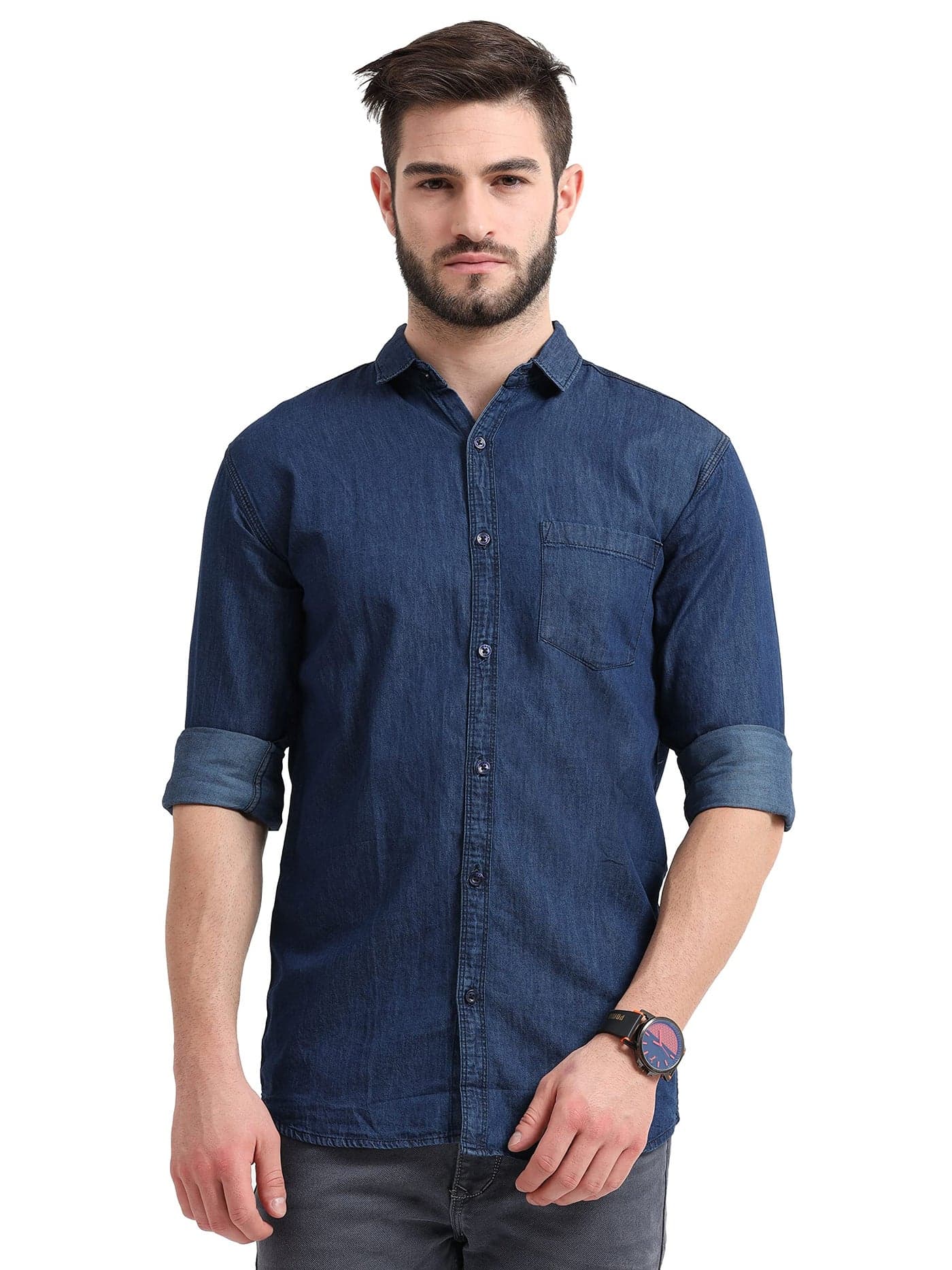 Miraan Men's Casual Dark-Blue Denim Cotton Slim Fit Shirt (Sigdarkdenimxxl_Dark Blue_Xx-Large)