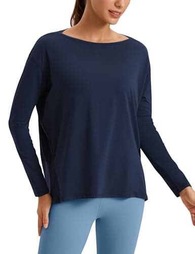 CRZ YOGA Pima Cotton Boat Neck Long Sleeve Shirts for Women Workout Athletic Yoga Casual Tops Loose Fit Fall TShirts Navy Small