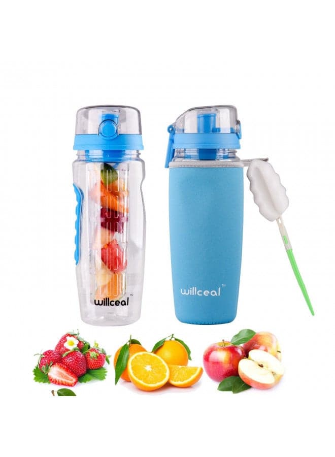 willceal Fruit Infuser Water Bottle 32oz - Durable, Large - BPA Free Tritan, Flip Lid, Leak Proof Design - Sports, Camping (Black)