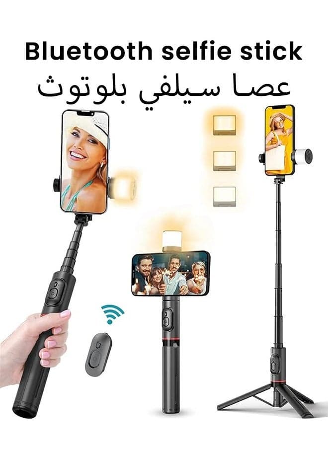 Selfie Stick Tripod with Fill Light, Extendable 3-in-1 Phone Tripod with Wireless Remote Control for Mobile Phone Makeup Selfie Live, Taking Selfie Photo/Videos/Vlog During Travel