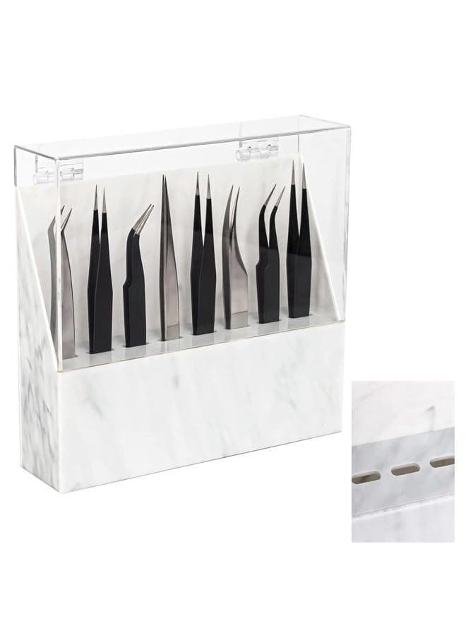 Tweezer Holder Case for Eyelash Extensions, 8 Holes Lash Tweezer Display Stand Storage Rack with Dust Cover for Salon and Home Use (white)