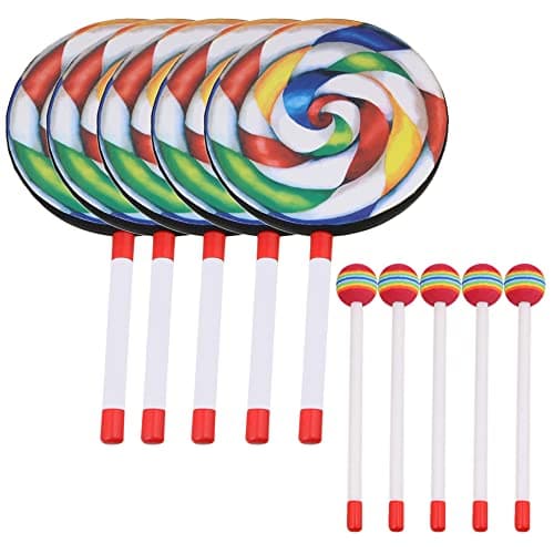 BQLZR 7.9" Lollipop Shape Hand Drum Percussion Musical with Candy Drumstick Pack of 5