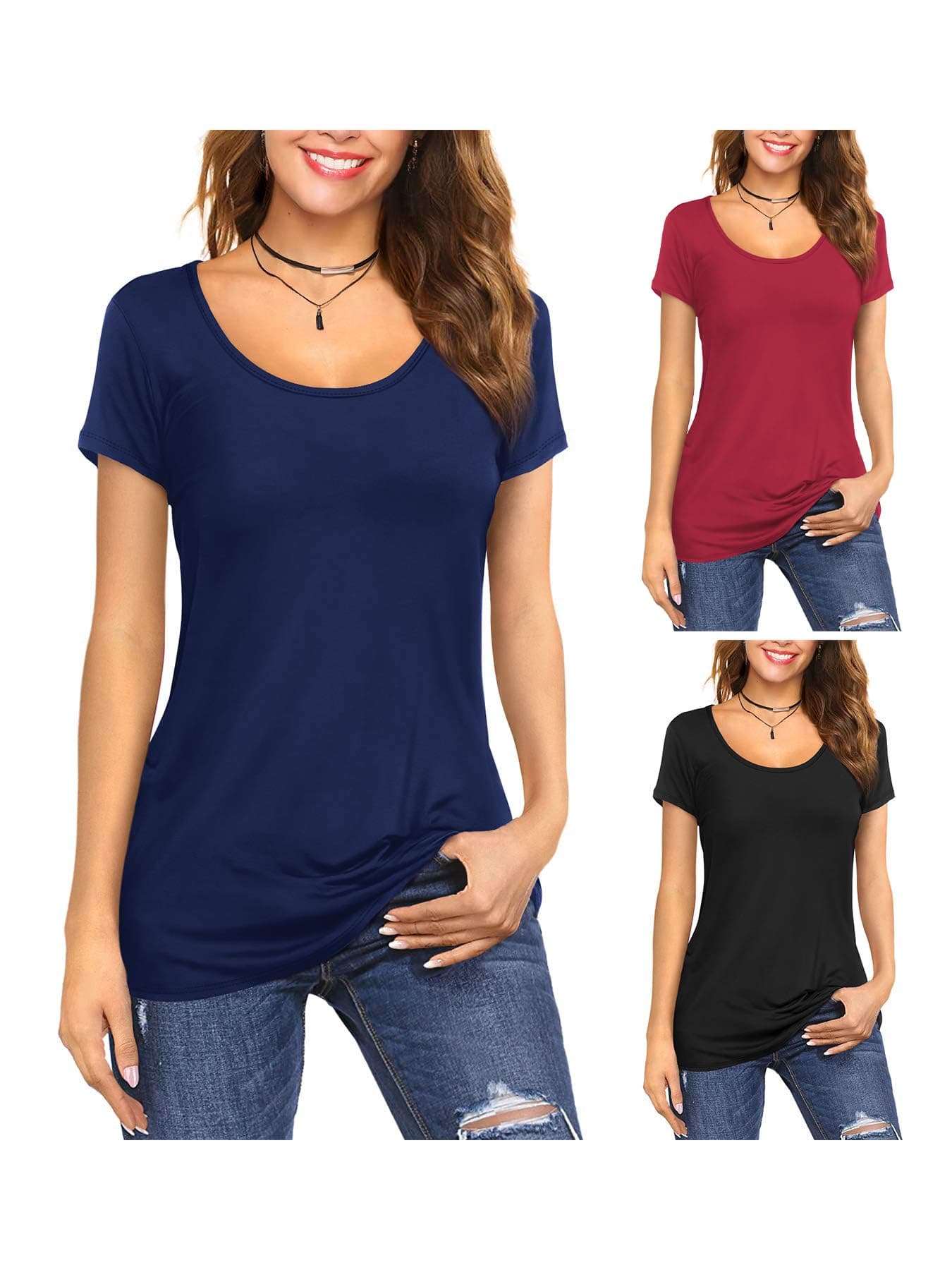 Amoretu Womens 3Pack Vintage Scoop Neck Cotton Short Sleeve Stretch T Shirt L