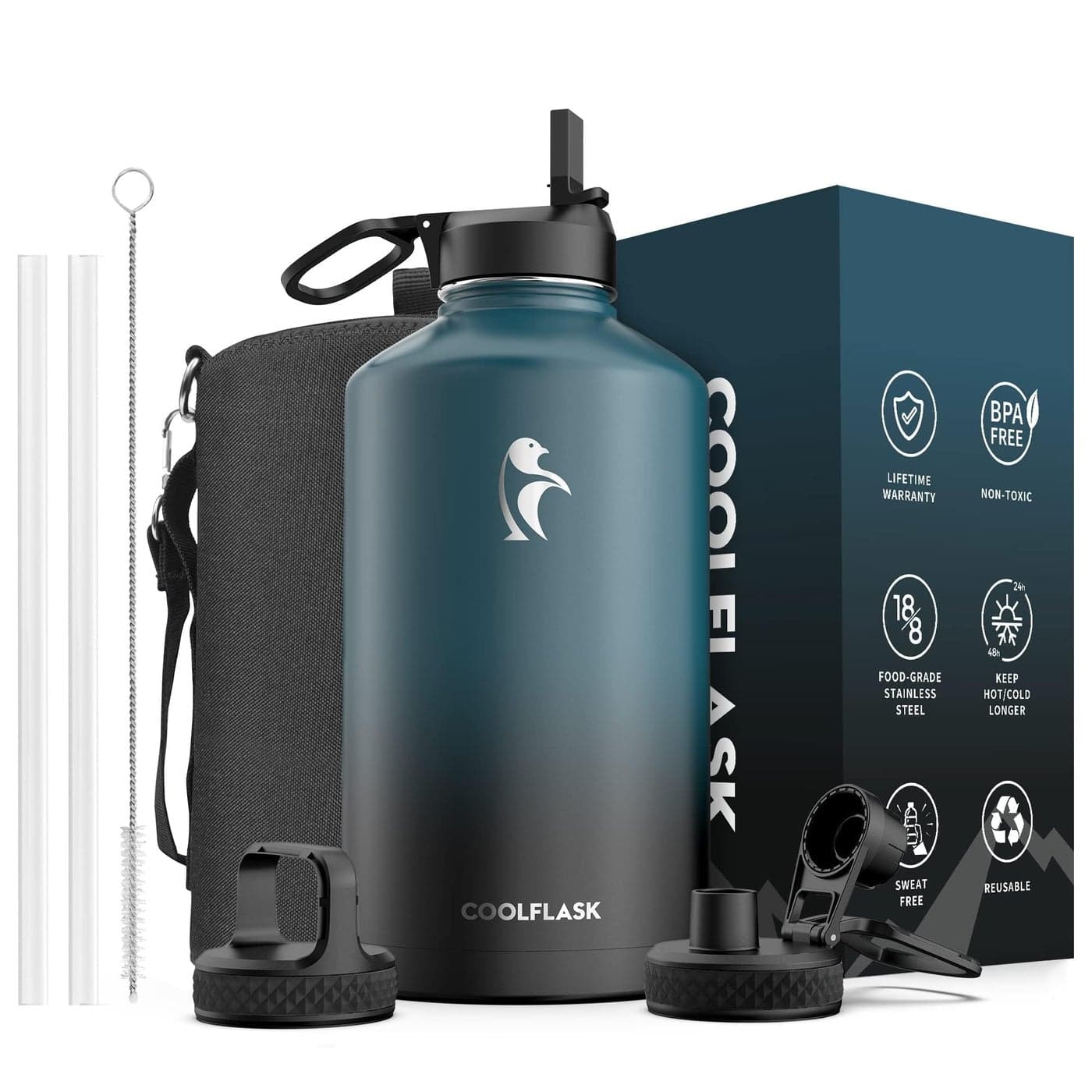 Coolflask 128 oz Gallon Water Bottle Insulated with Straw3 Lids Water Jug Large Stainless Steel Metal Vacuum Wide Mouth for Sports Gym or Office NonBPA Keep Cold 48H Hot 24H Samurai Cyan