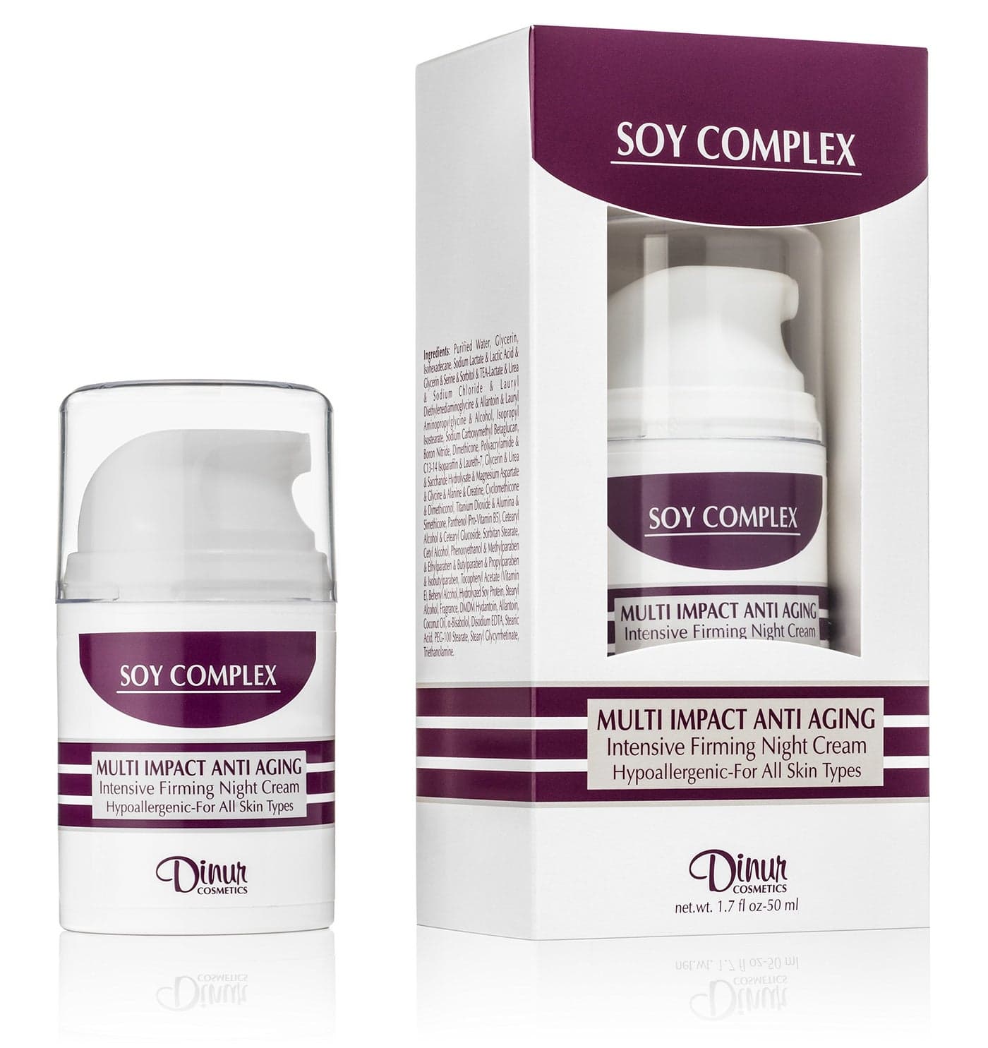 Dinur Cosmetics SOY COMPLEX Multi Impact Anti Aging Night Cream Intensive Firming Formula for Youthful Skin 17 oz 50 ml