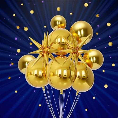 Toys Treasure 6pcs 22” Gold Metallic Foil Balloons Set - 4D Star Ball Balloons for Birthday Disco Dance Graduation New Year Decorations