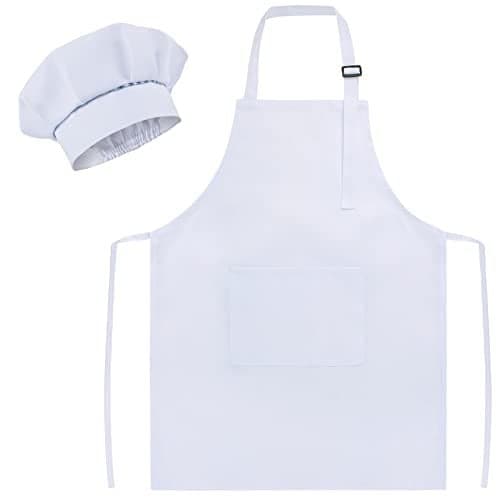 SUNLAND Kids Apron And Hat Set Children Chef Apron For Cooking Baking Painting White(S:3-6 Years)¡