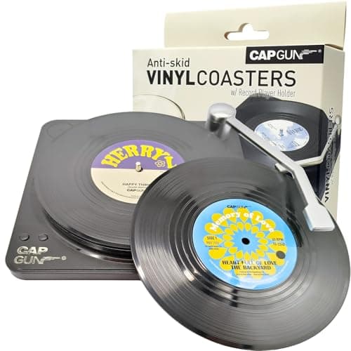 Sufcnire Funny Retro Record Coasters for Coffee Drinks with Vinyl Player Holder Set of 6 Unique Personalized Coaster Housewarming Hostess Friend Apartment Office Bar Decor Gift (M2 Series)