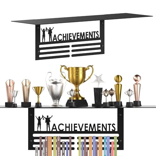 Glory Trophy Rack with Medal Hanger - Achievement – Holds Up to 8 Trophies and 30 Medals – Glossy Black Finish – Metal Display for Sports Achievements – Perfect for Homes