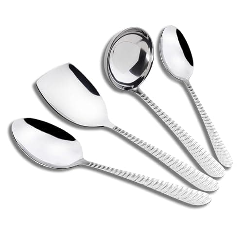 Axiom Serving Tools Stainless Steel 4 Piece Heavy Gauge Non-Stick Set Of 1 Soup Ladle (Karchi), 2 Solid Spoon (Chamcha) And 1 Rice Spoon For Serving Soup/Curry/Dal/Rice/Pasta - 24 Cm