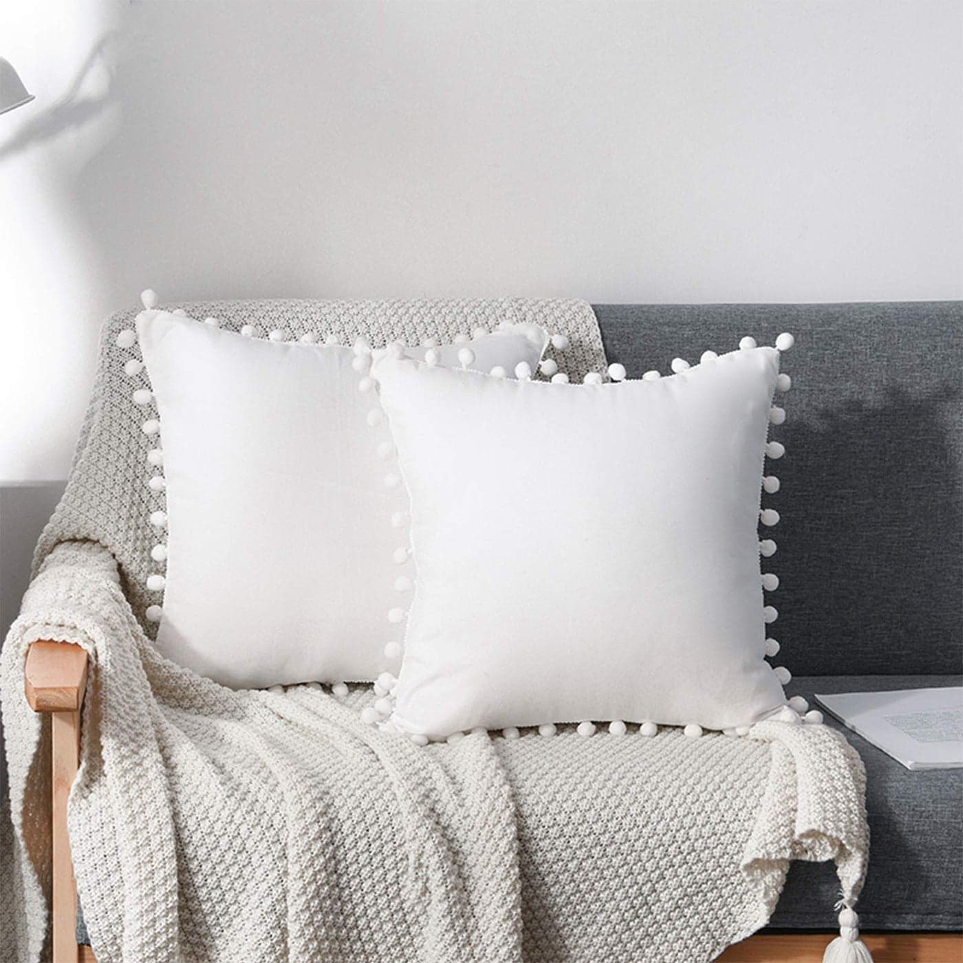 CAWANFLY Set of 2 Decorative Throw Pillow Covers with Cute Pom Pom Square Soft Cushion Case Home Decor for Couch Sofa Bed White 16x16 Inch